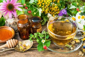 up of herbal tea with wild flowers and various herbs