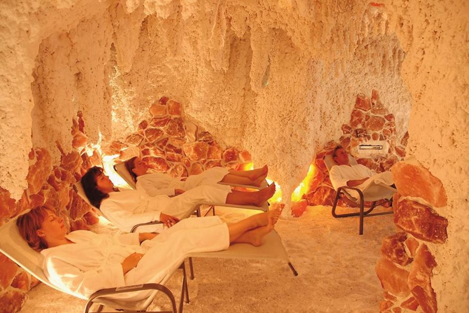 People relaxing in a salt spa cave in Germany