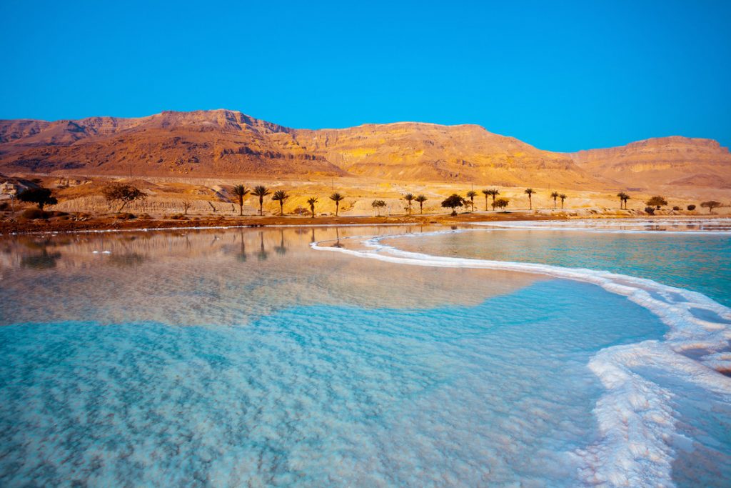 Dead Sea seashore with palm trees and mountains on background, one of the best spring break destinations