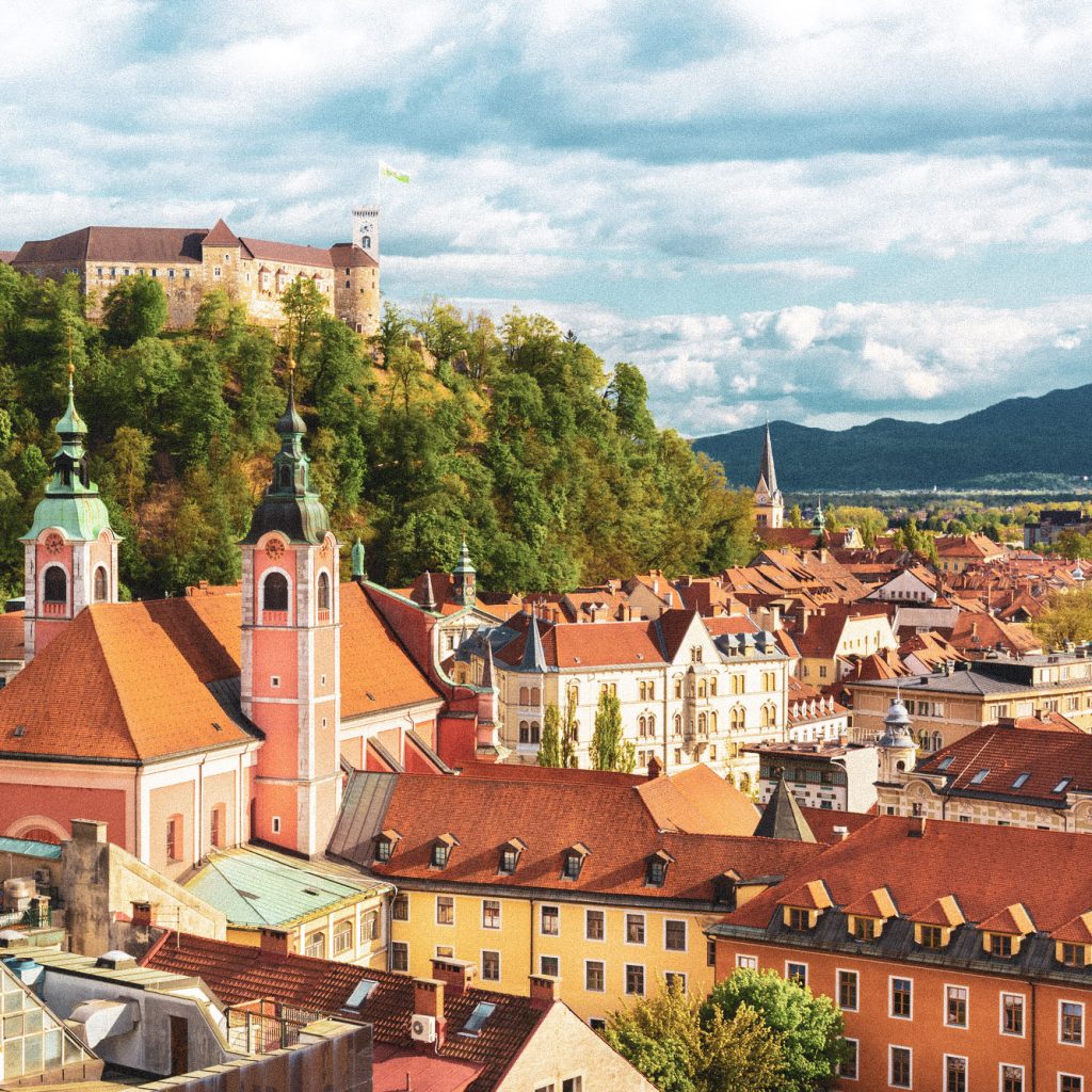 Panorama of the Slovenian capital Ljubljana at sunset.