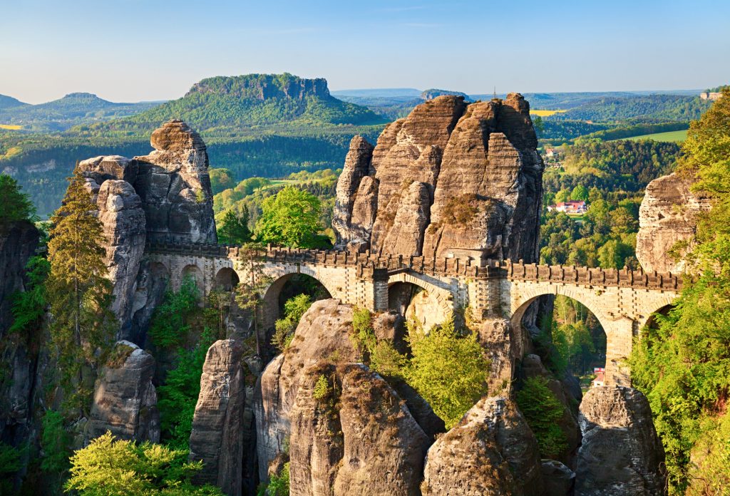 Morning view of Bastei rocks and bridge in Saxon Switzerland, Germany
