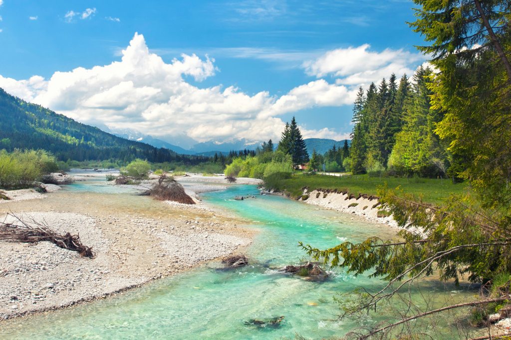 Turquoise river Isar, Bavaria on a sunny summer day...