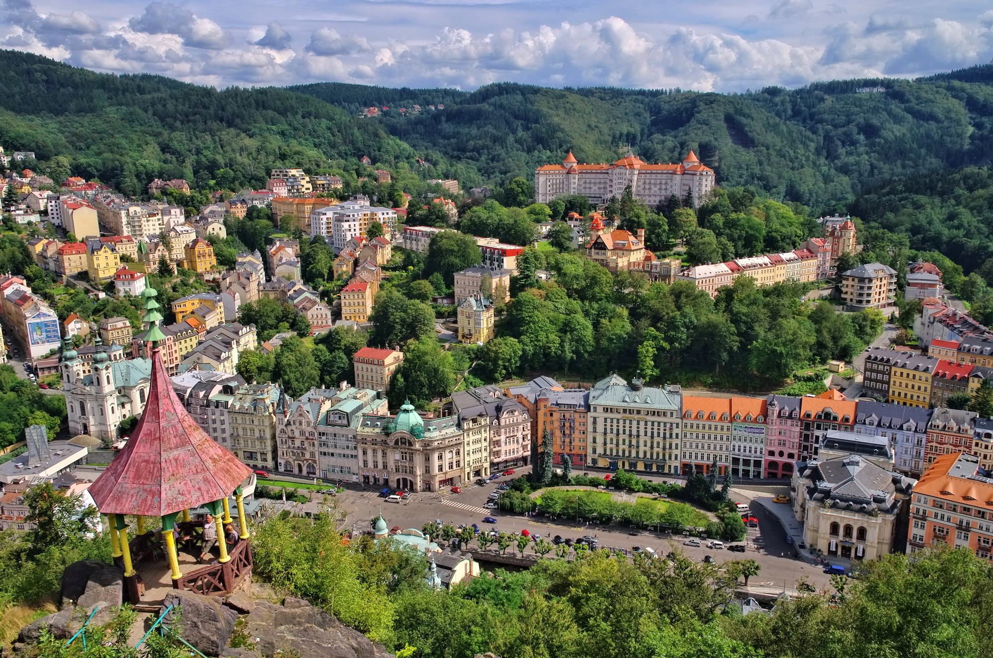 Karlovy Vary in Czechia, panorama of the tree-filled town