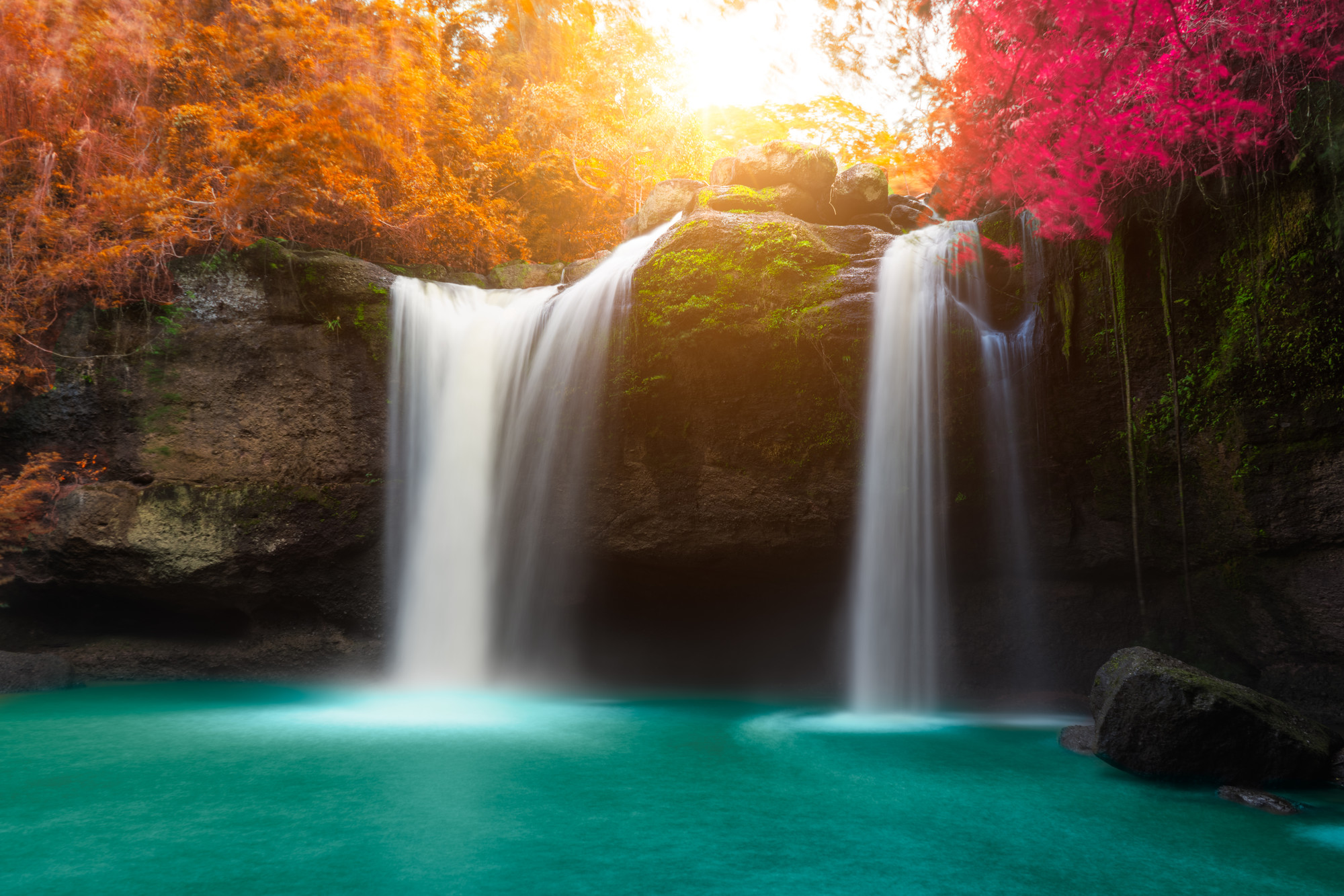 Amazing beautiful waterfalls in autumn forest at Haew Suwat Waterfall in Khao Yai National Park, Thailand