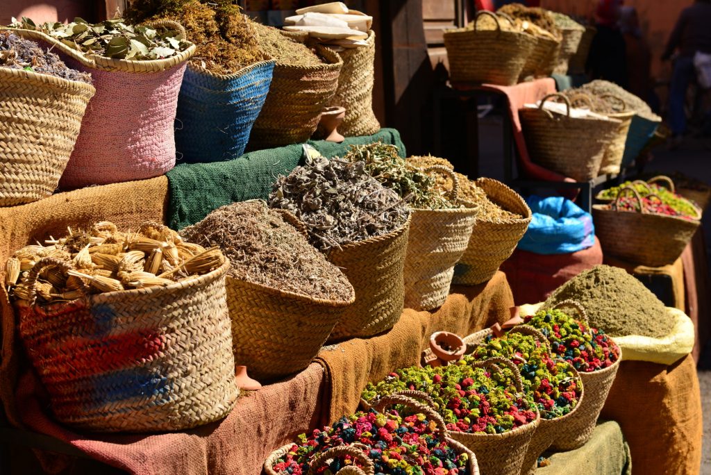 Baskets with herbs for Ayurvedic treatments